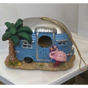 Vintage Blue Camper Birdhouse With Flamingo & Palm Tree